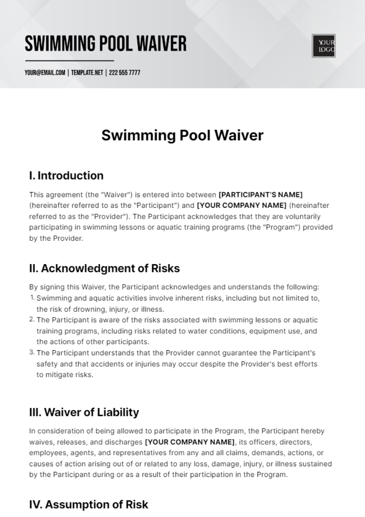 Free Swimming Pool Waiver Template To Edit Online