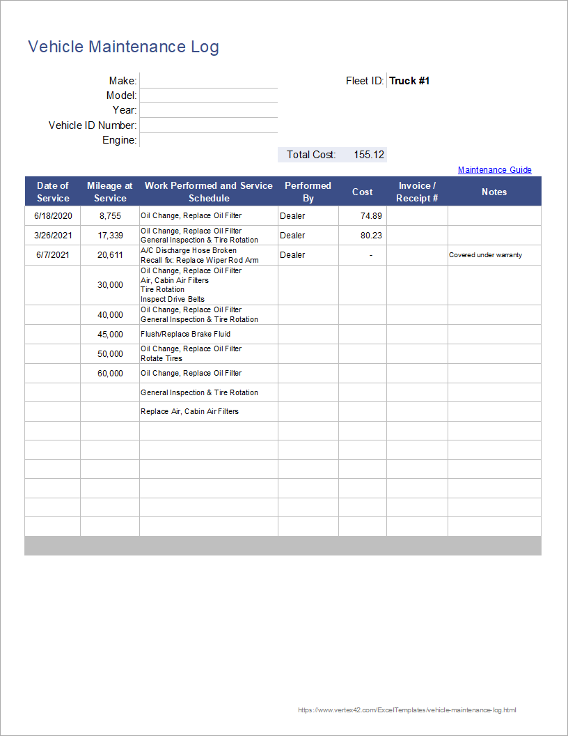 Printable Free Vehicle Maintenance Log Template