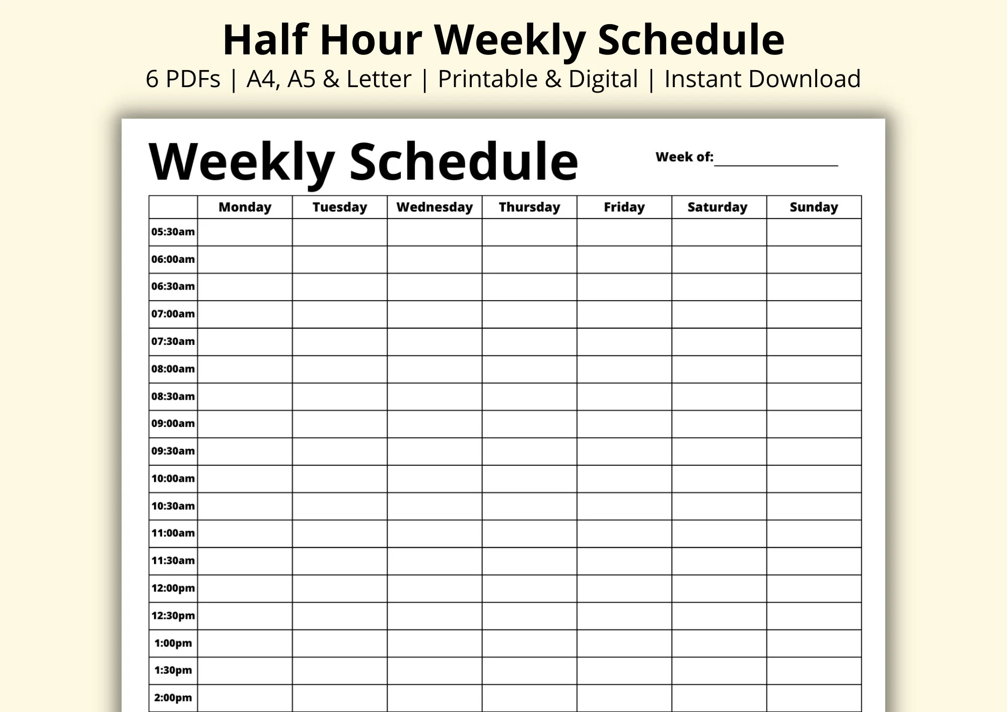 Half Hour Weekly Schedule 7 Day Planner Weekly Planner PDF Week At A Glance Weekly Agenda Tasks List Printable digital A4 a5 letter Etsy