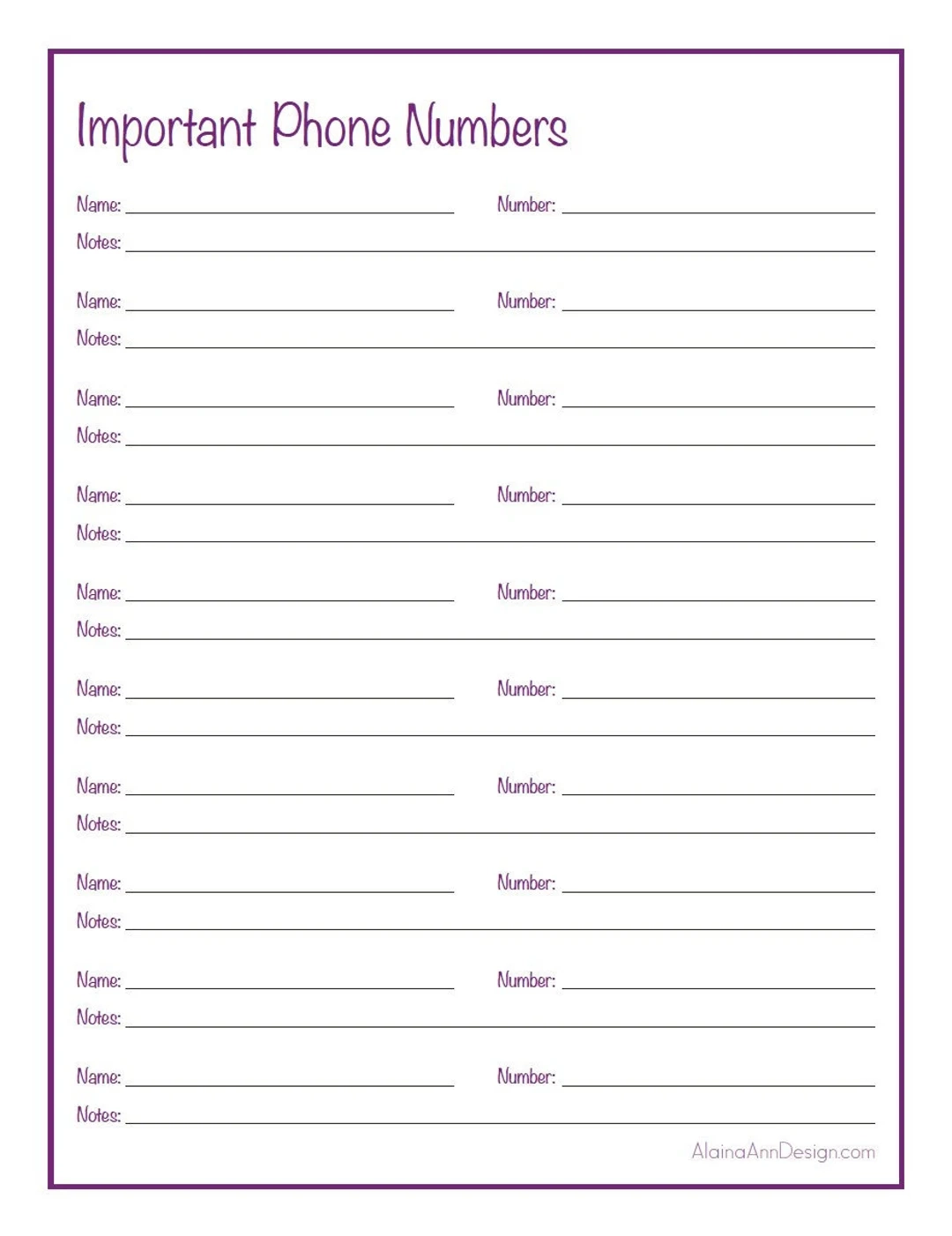 Printable Name And Phone Number Template