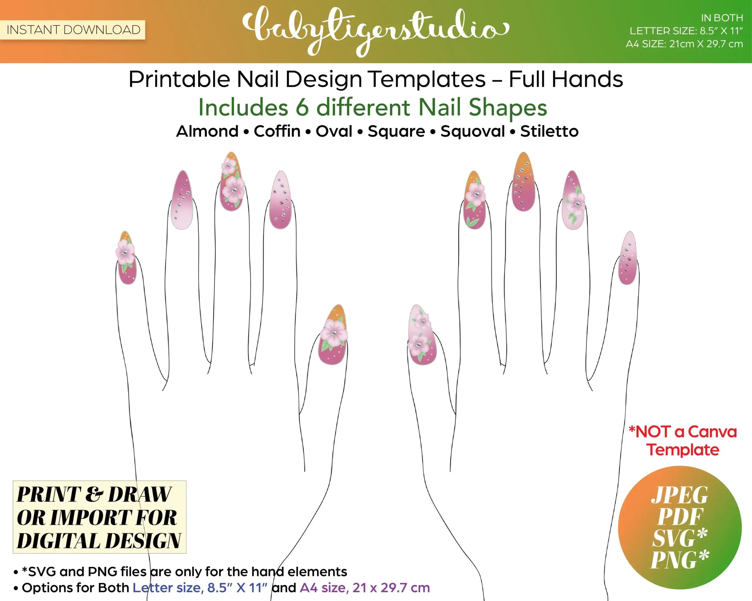 Instant Download FULL HANDS Printable Nail Design Templates In Stiletto Almond Coffin Square Oval And Squoval Shaped Nails Etsy Instant Download FULL HANDS Printable Nail Design Templates In Stiletto Almond Coffin Square Oval And Squoval Shaped Nails Etsy