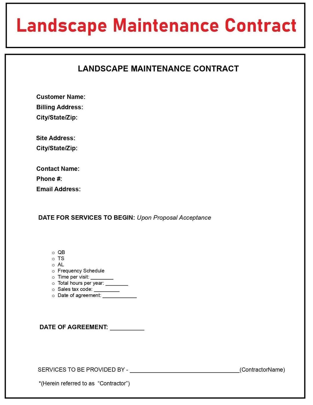 Printable Lawn Care Contract Template