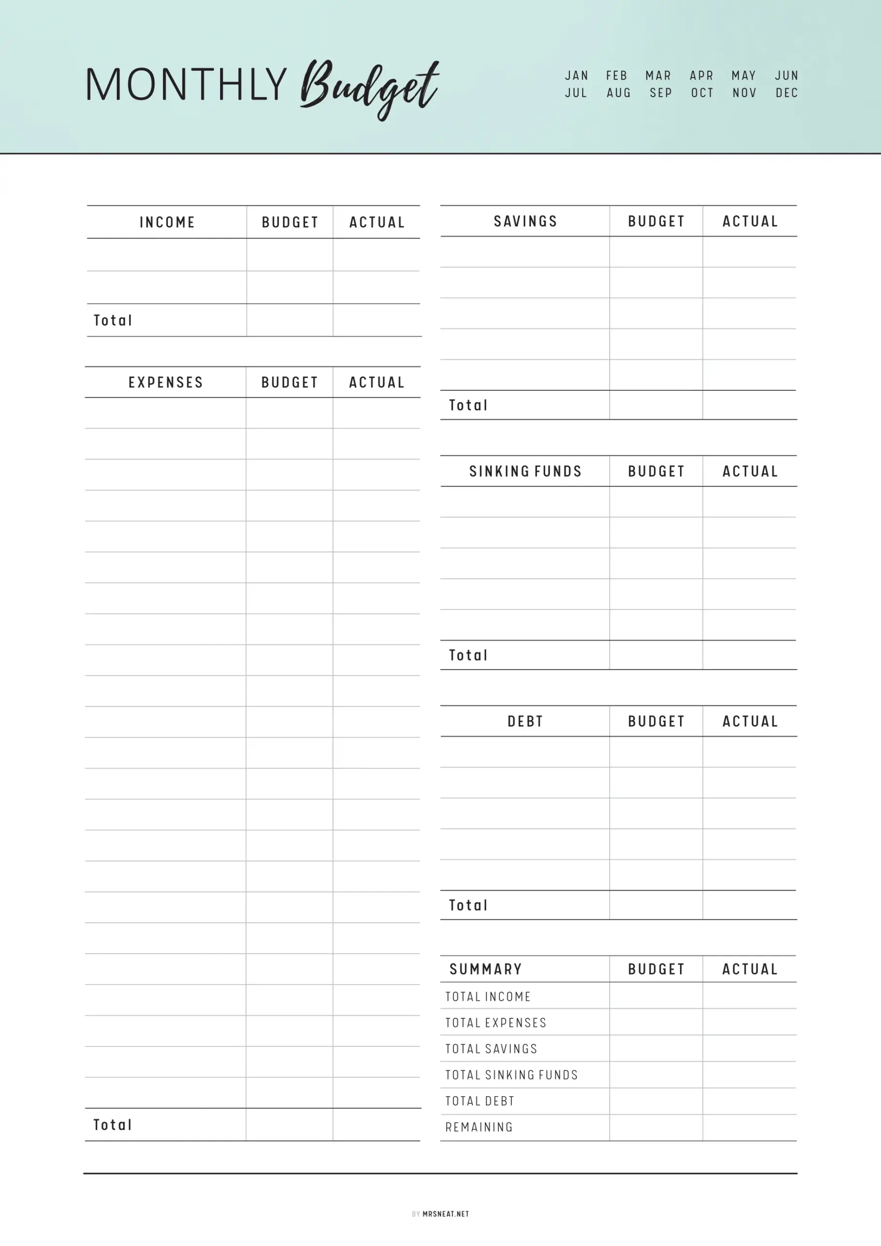 Monthly Budget Tracker Template M312 Mrsneat