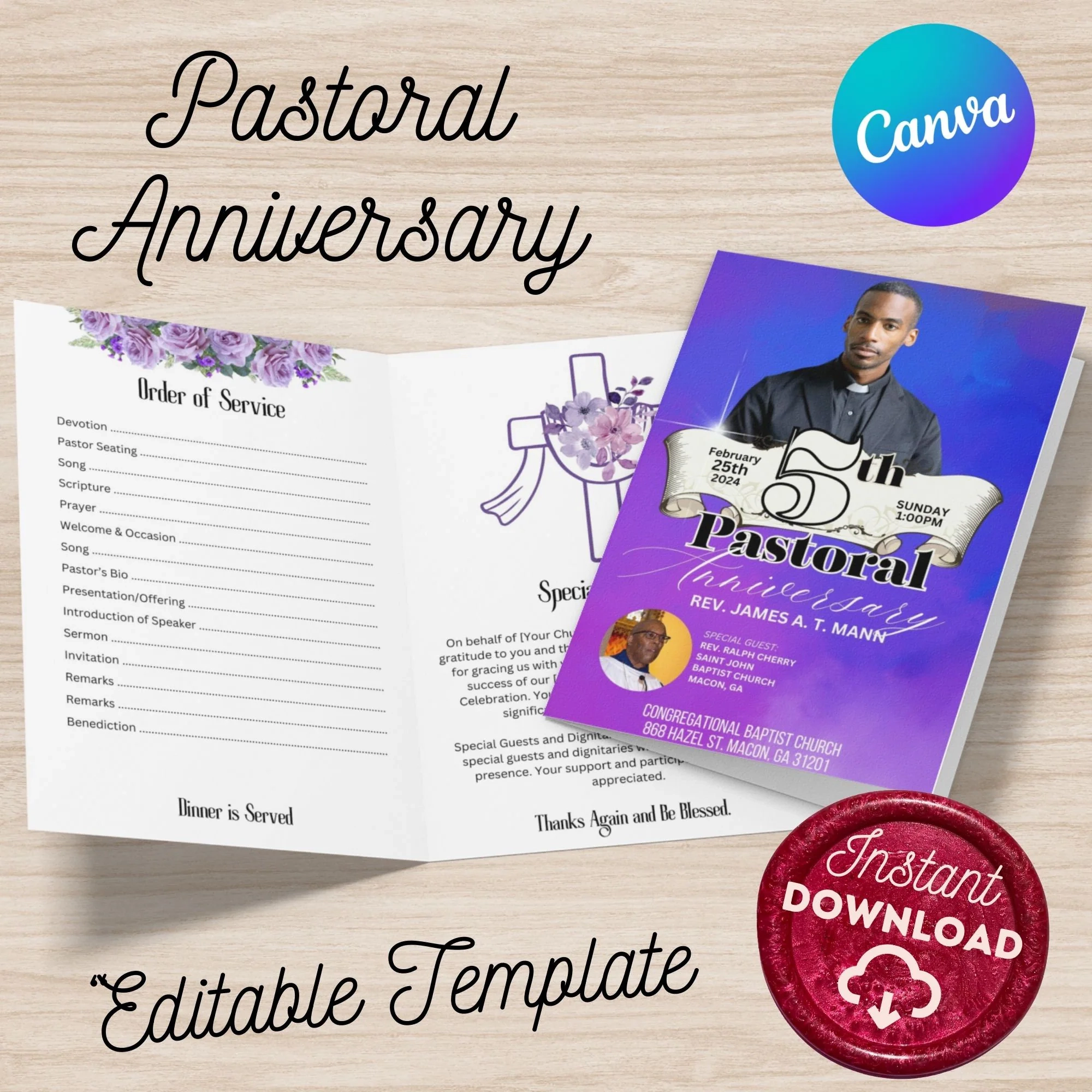 Pastoral Anniversary Program Template Printable Church Bulletin instant Download Etsy