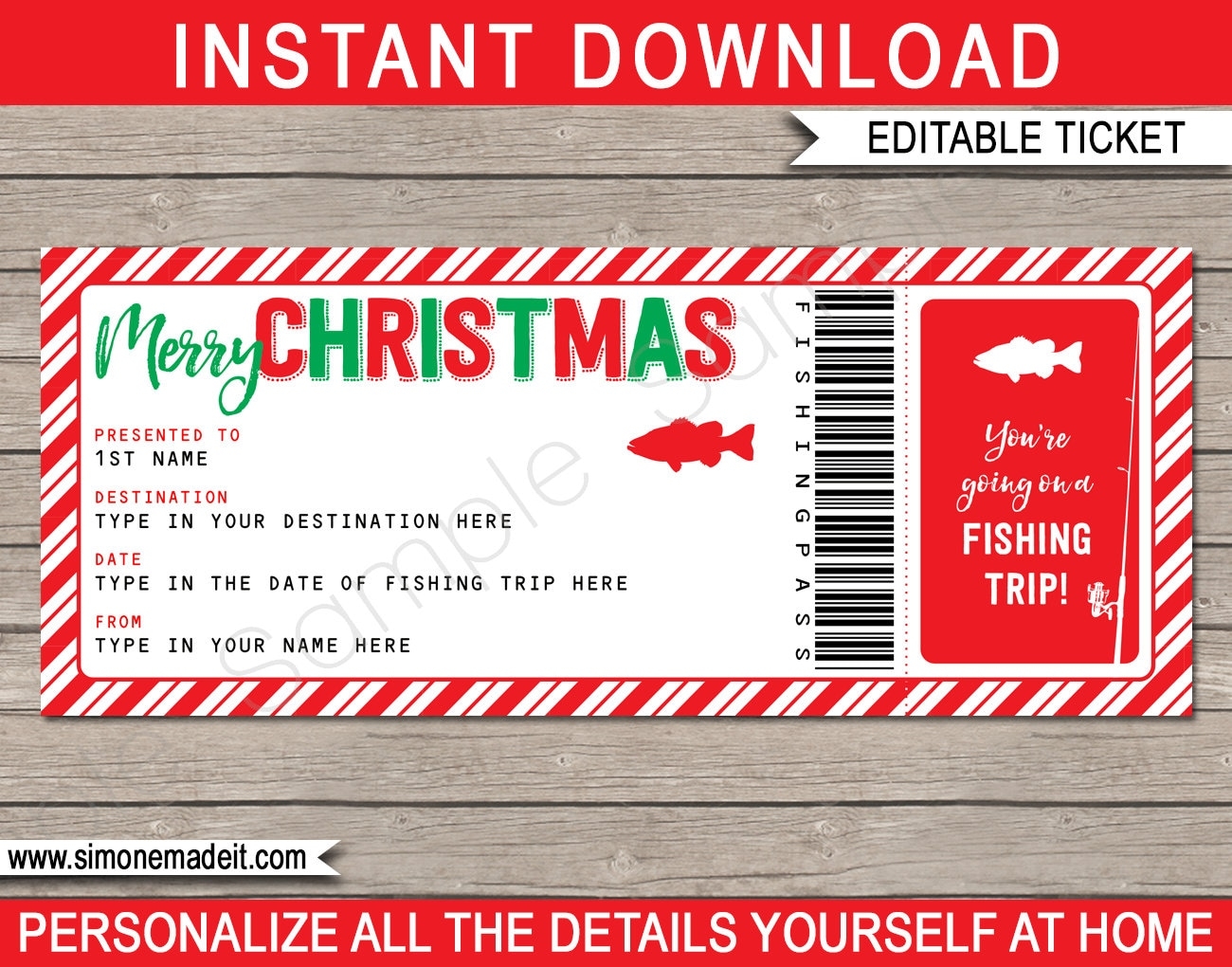 Printable Fishing Christmas Gift Voucher Template Fishing Trip Holiday Vacation Pass Certificate Ticket INSTANT DOWNLOAD Etsy