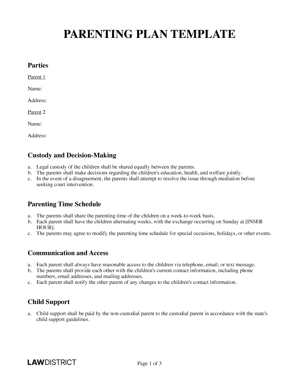 Printable Parenting Plan Template PDF Word Lawdistrict