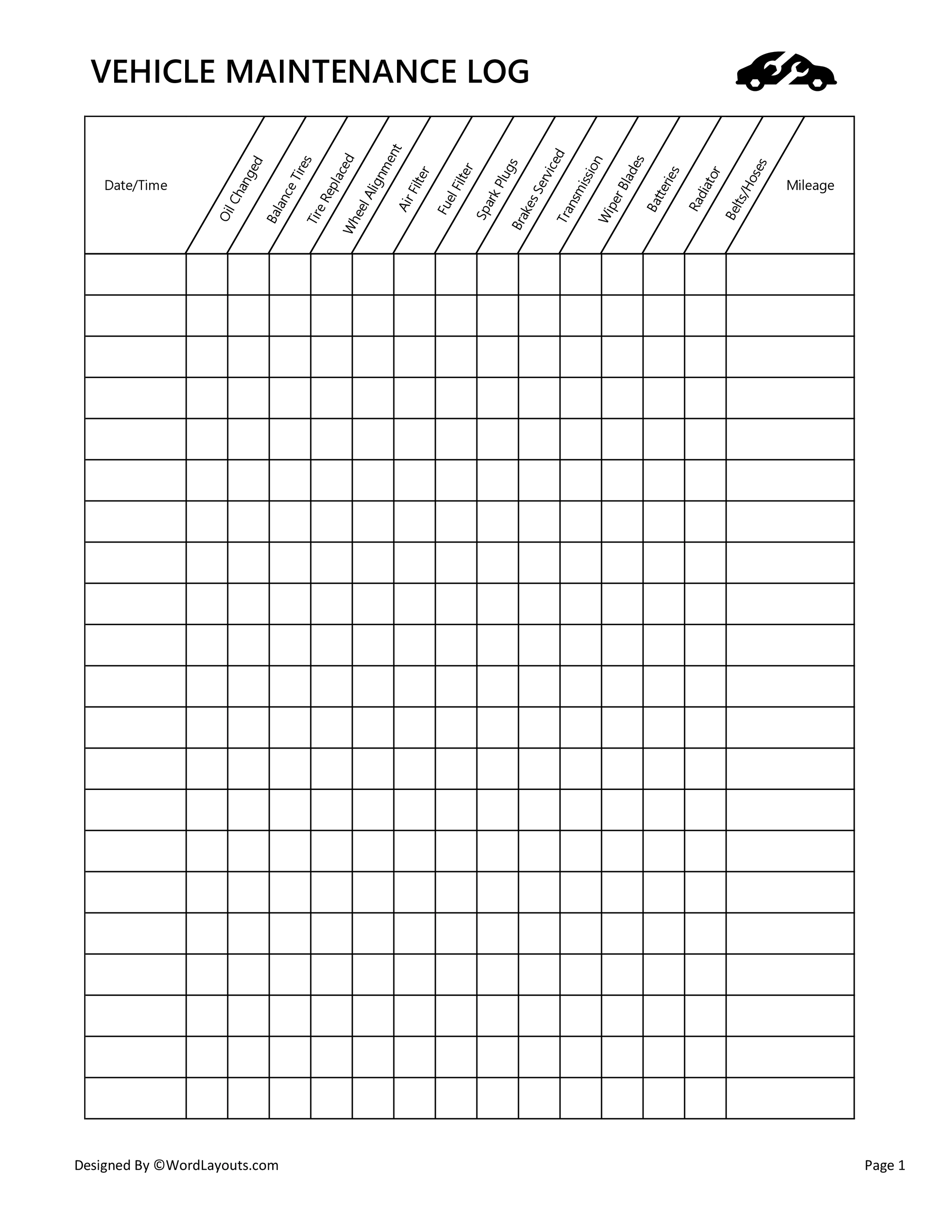 Printable Vehicle Maintenance Log Template PDF 