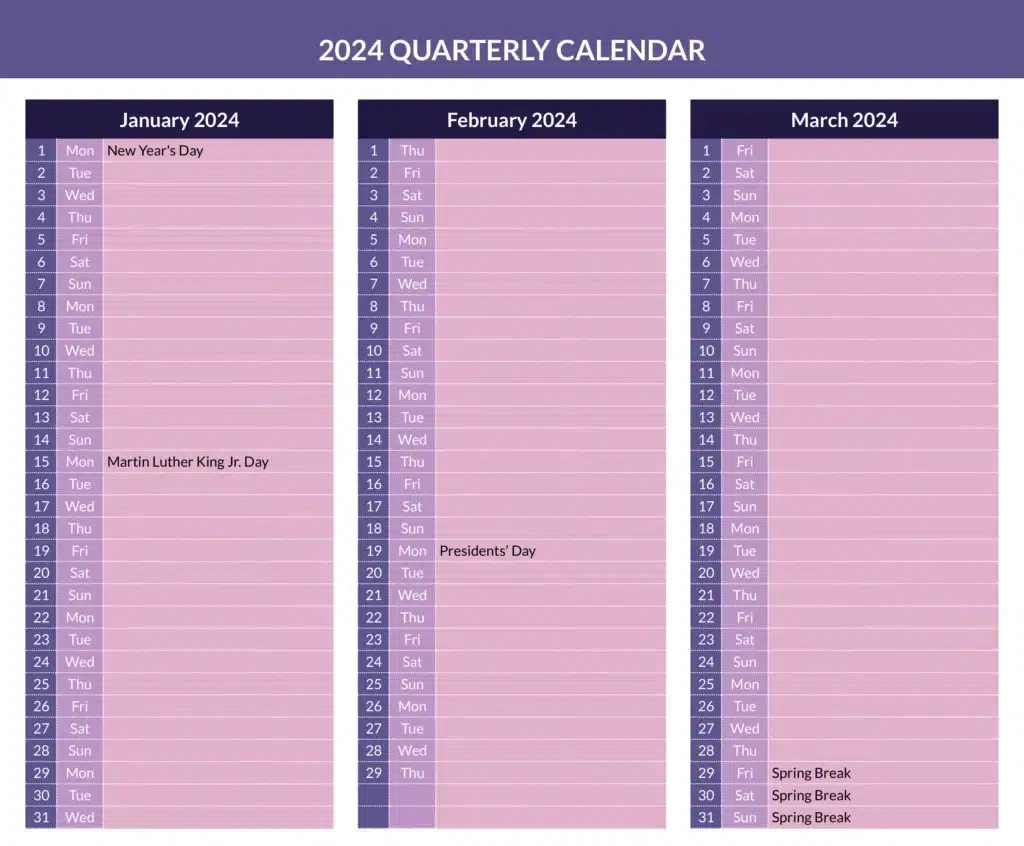 Free Printable Quarterly Calendar Templates