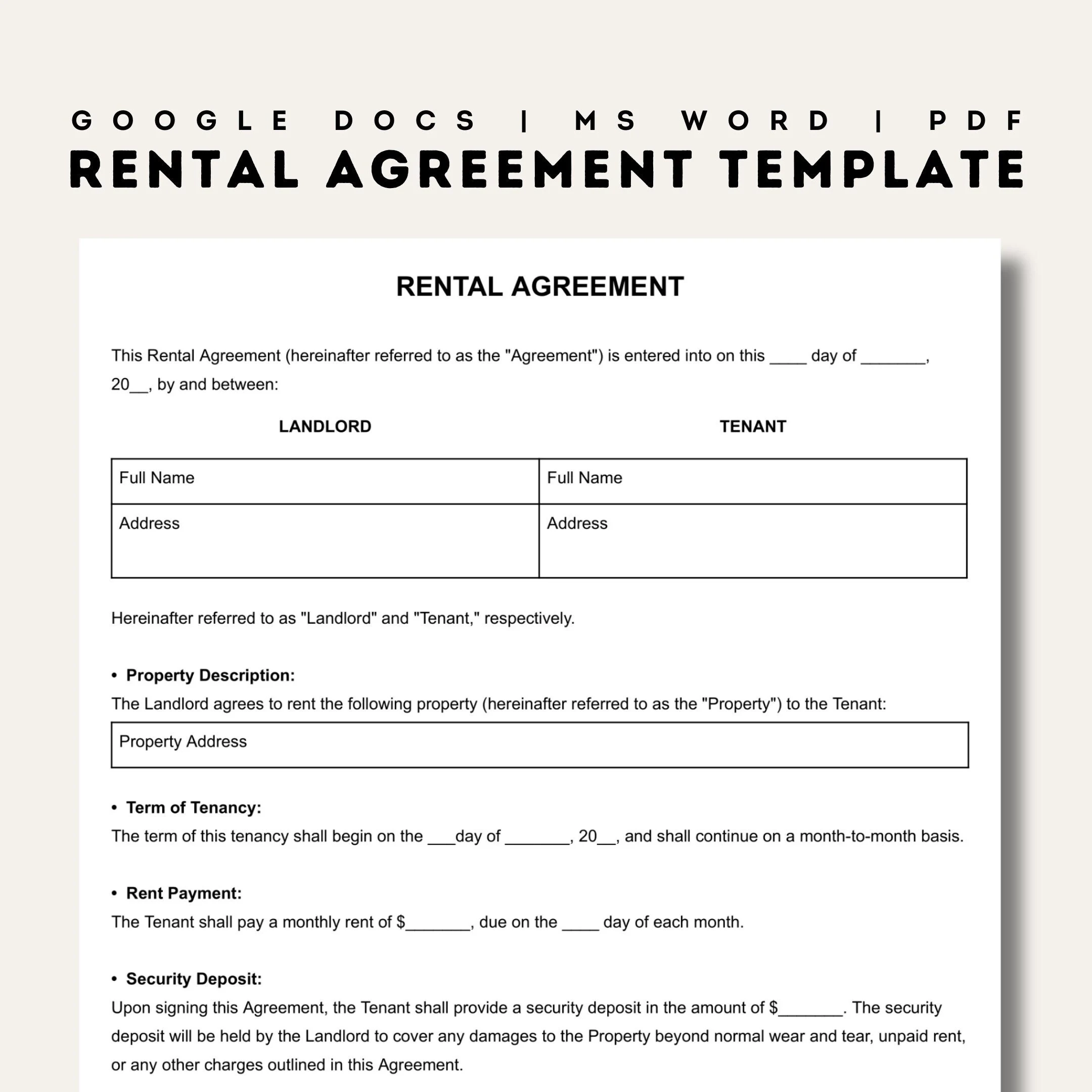 Rental Agreement Templates Simple Editable Rental Agreements Form Printable Lease Fillable Rent Contract Google Docs Word PDF Etsy