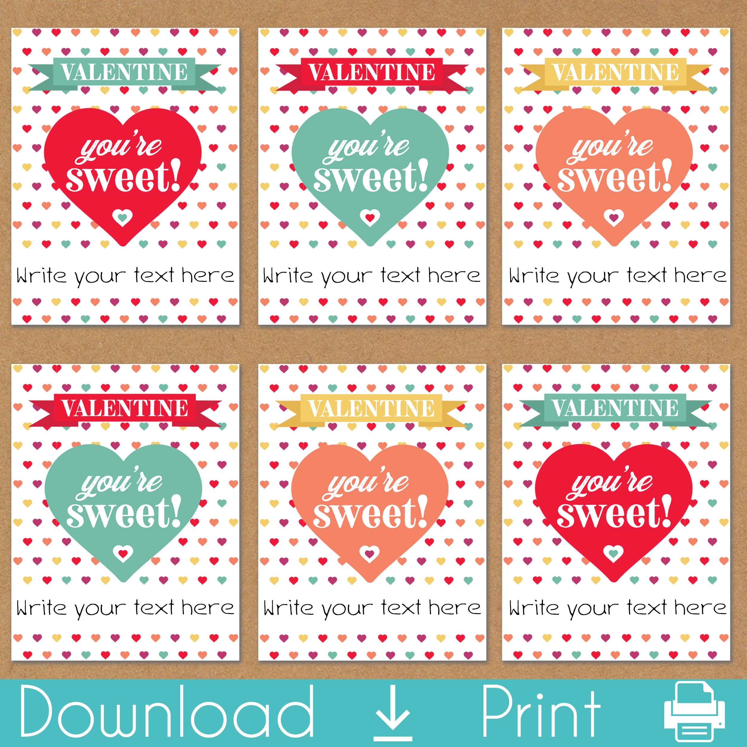 Retro Hearts Printable Valentine s Day Cards Instant Download 