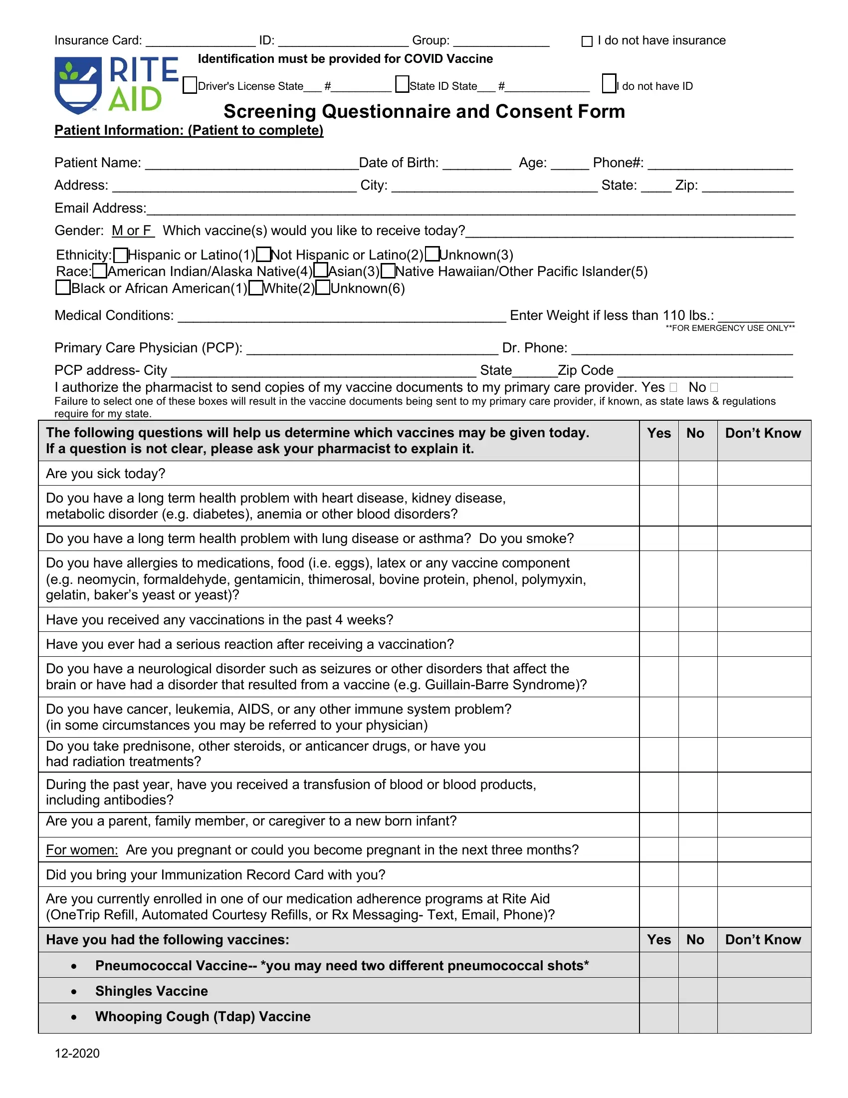 Rite Aid Flu Shot Form Fill Out Printable PDF