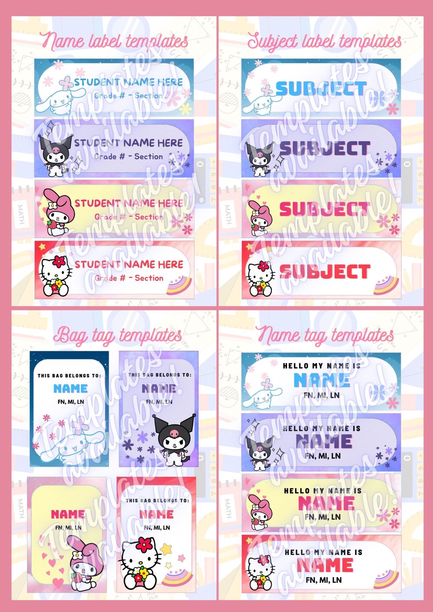 Sanrio Back to School Name Subject Name Bag Tag Templates By Erg digital creatives Raket PH