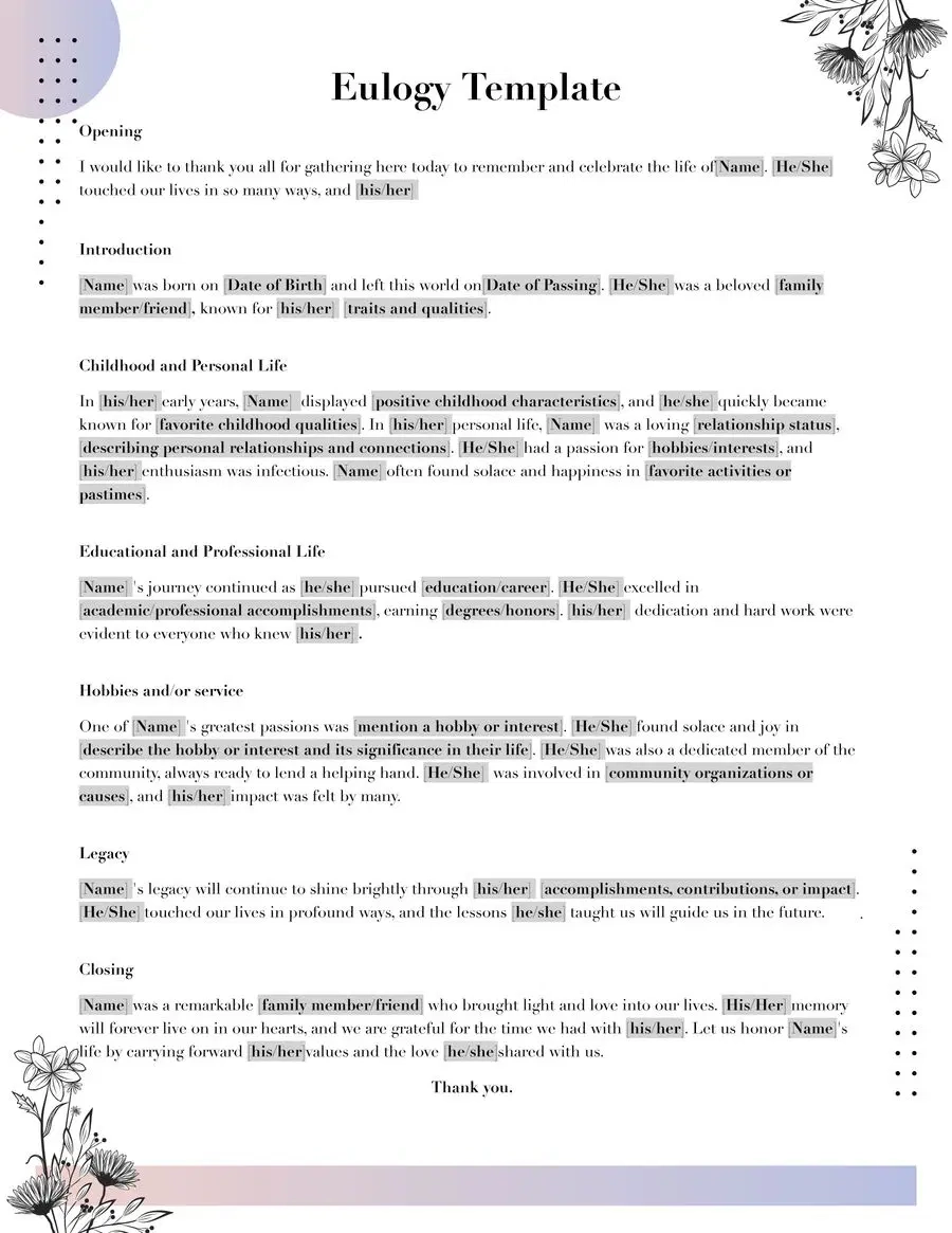 Printable Eulogy Template For Mother