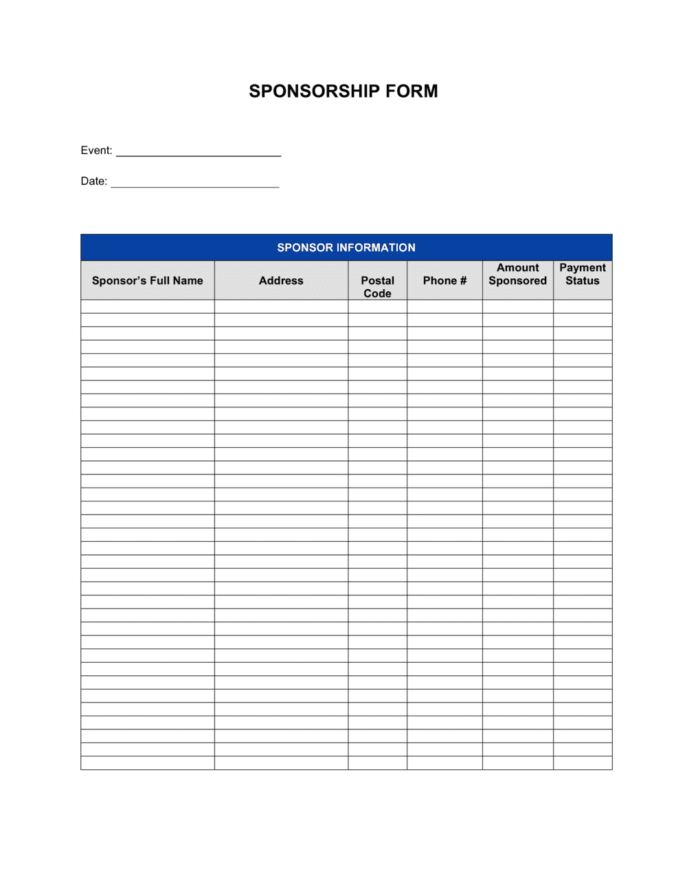 Sponsor Form Template Printable