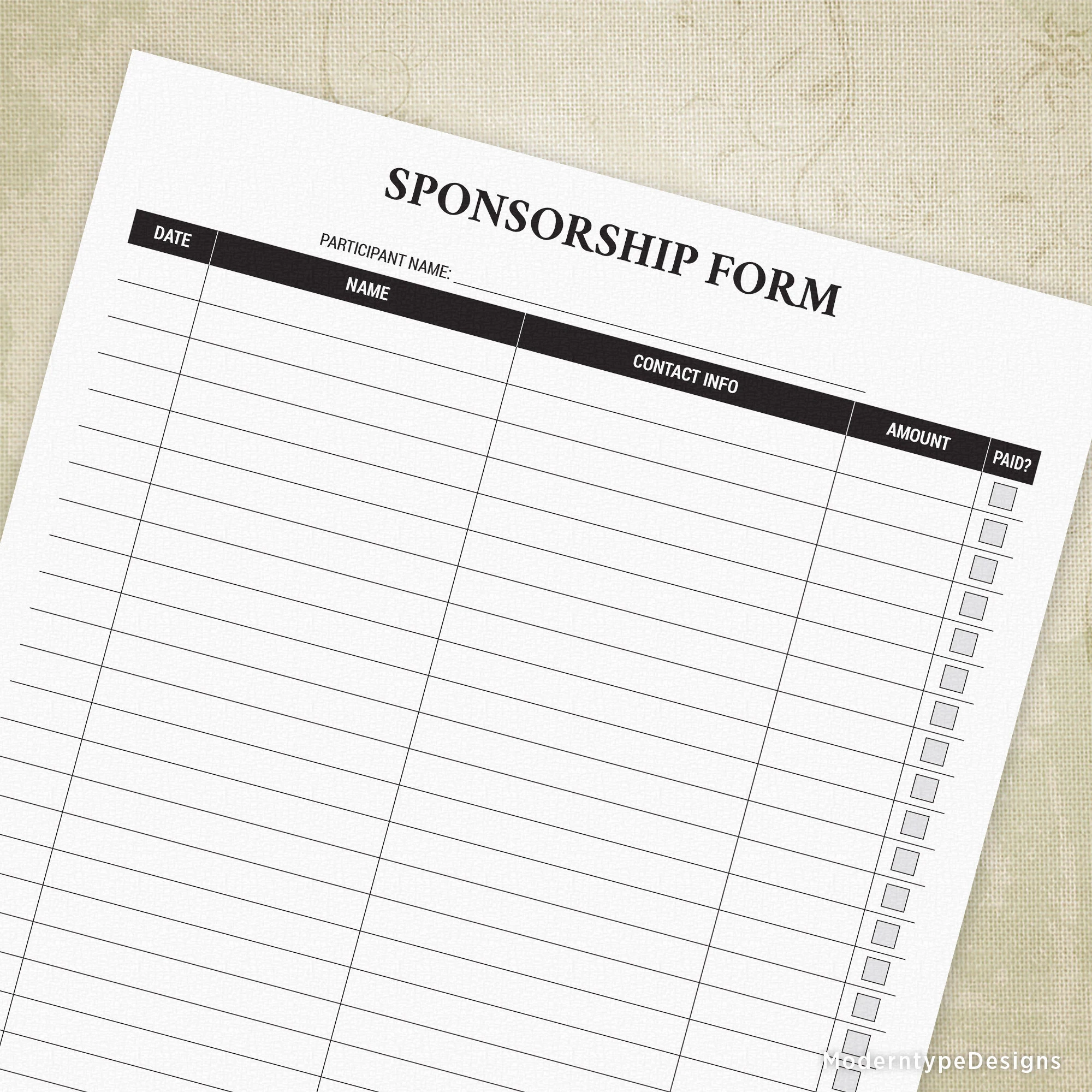 Sponsorship Sign Up Printable Form Event For Sponsors Fundraiser Donations List Instant Download Spf002 Etsy