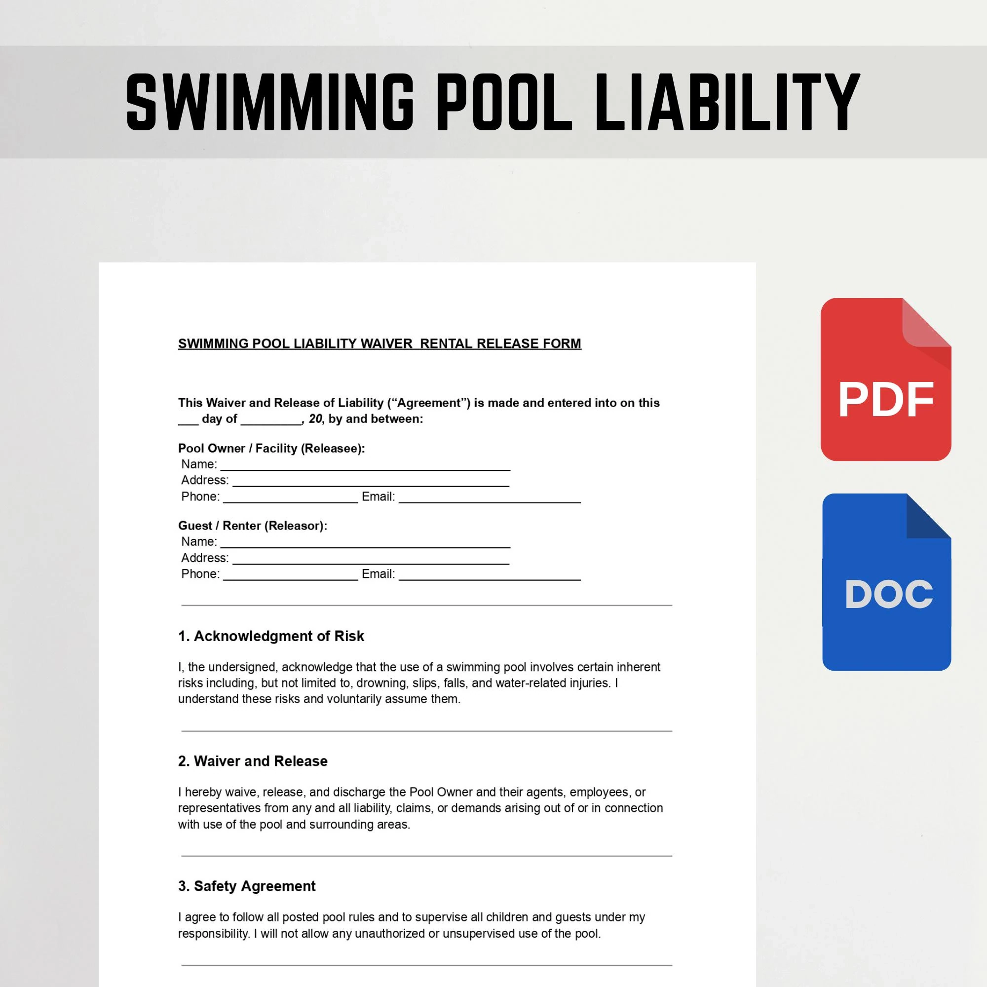 Swimming Pool Liability Waiver Template Editable DOC PDF Form Etsy Israel
