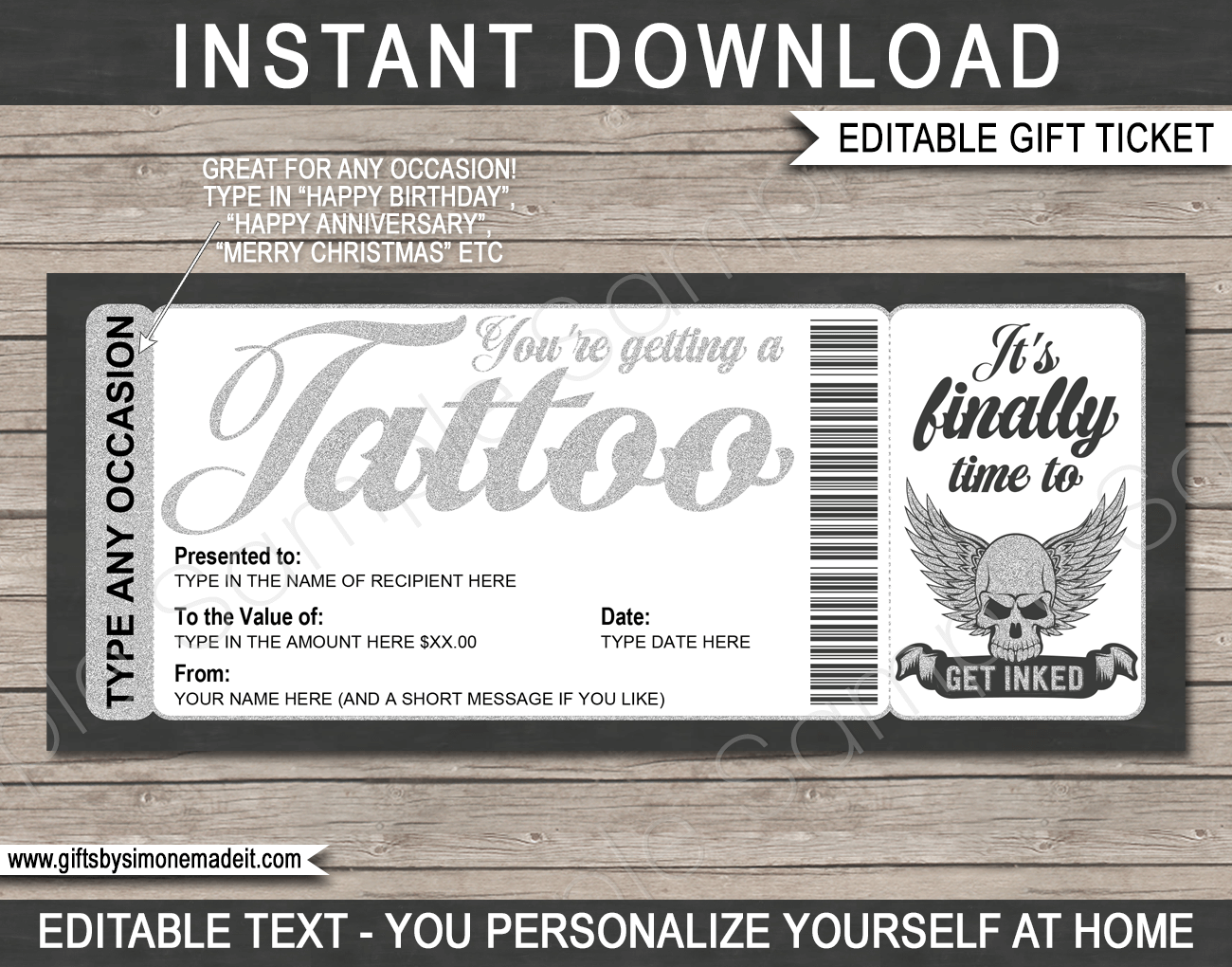Tattoo Gift Certificate Card Template DIY Printable Gift Voucher Tattoo Gift Certificate Card Template DIY Printable Gift Voucher
