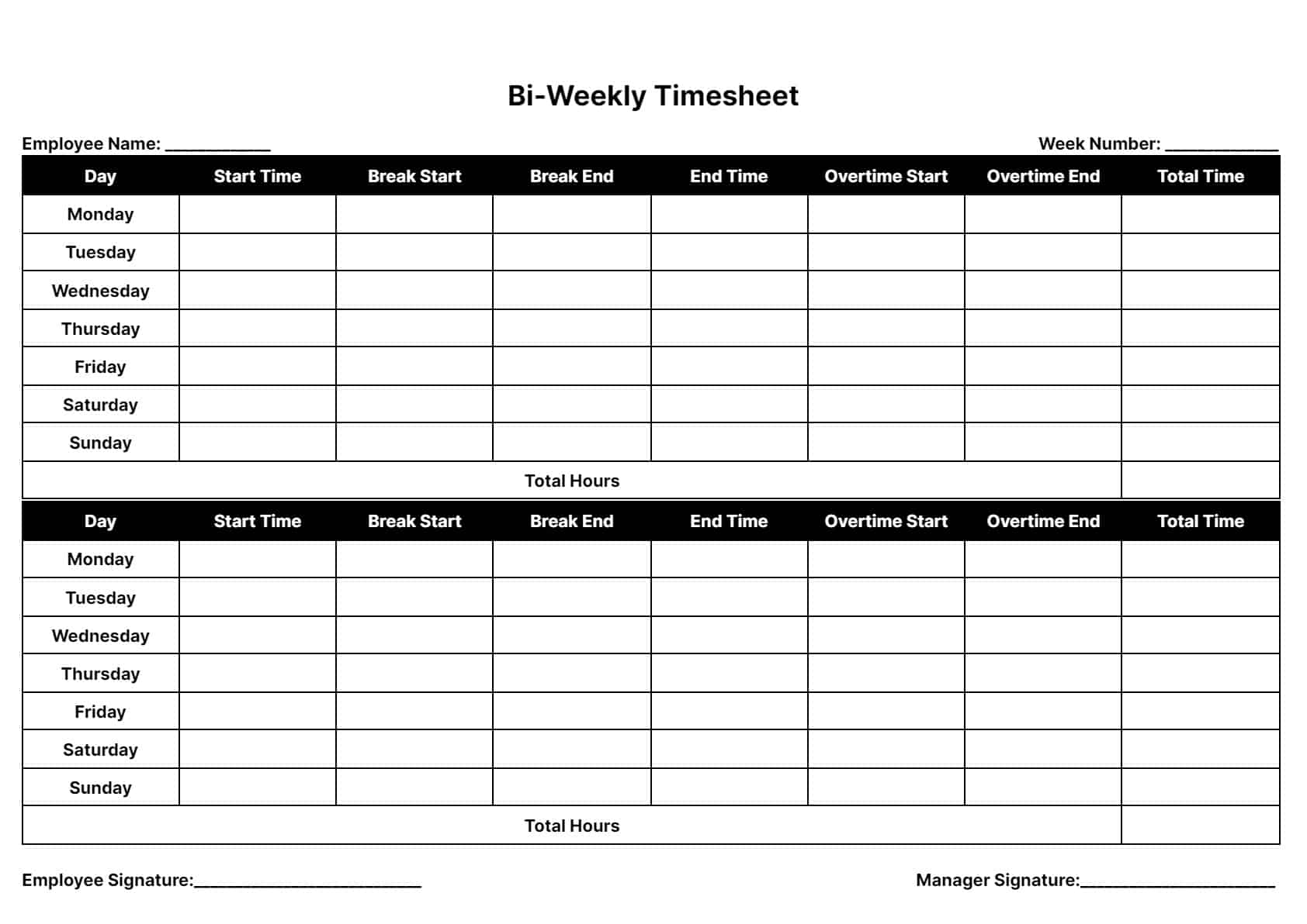 Printable Simple Biweekly Timesheet Template