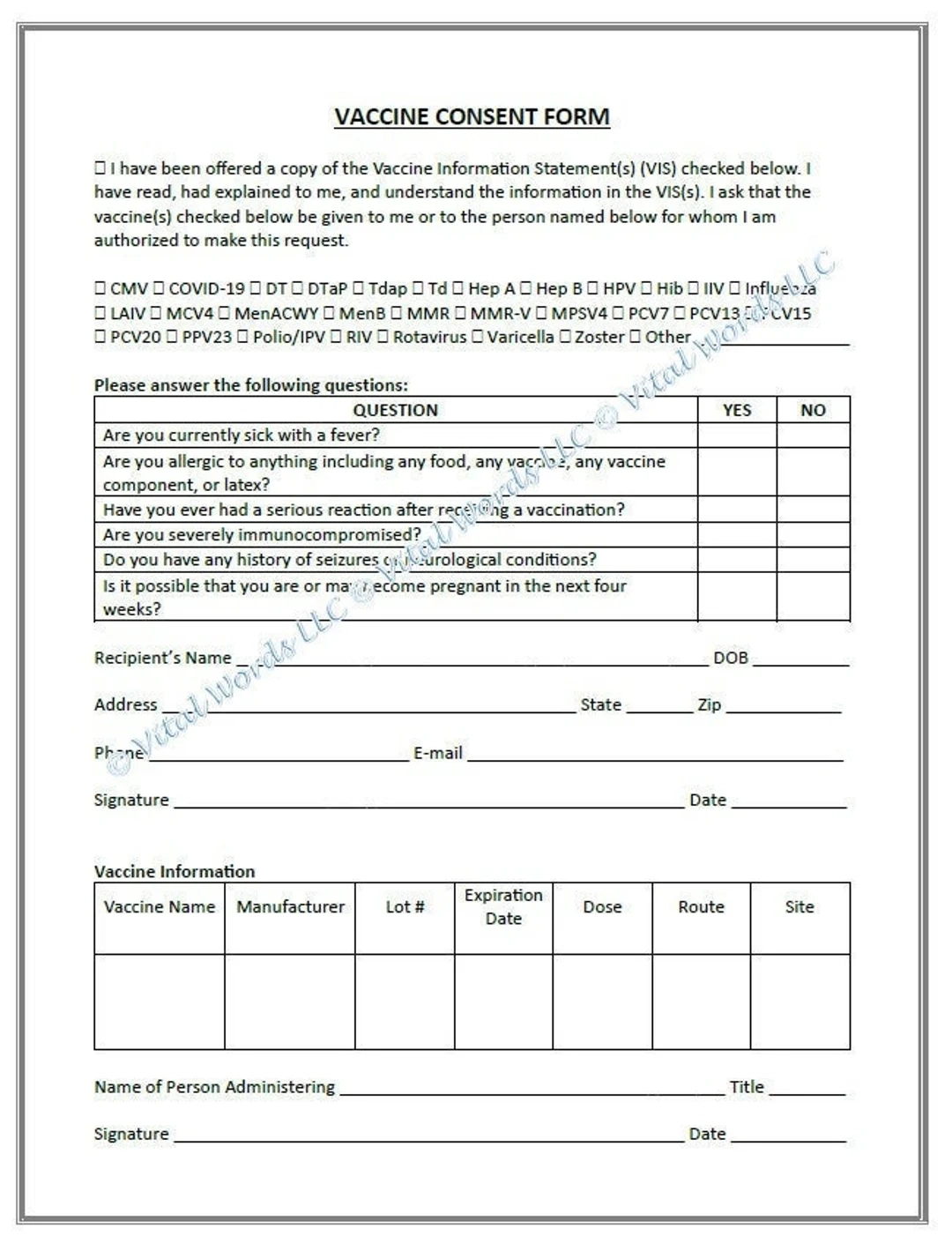 Vaccine Consent Form generic Etsy