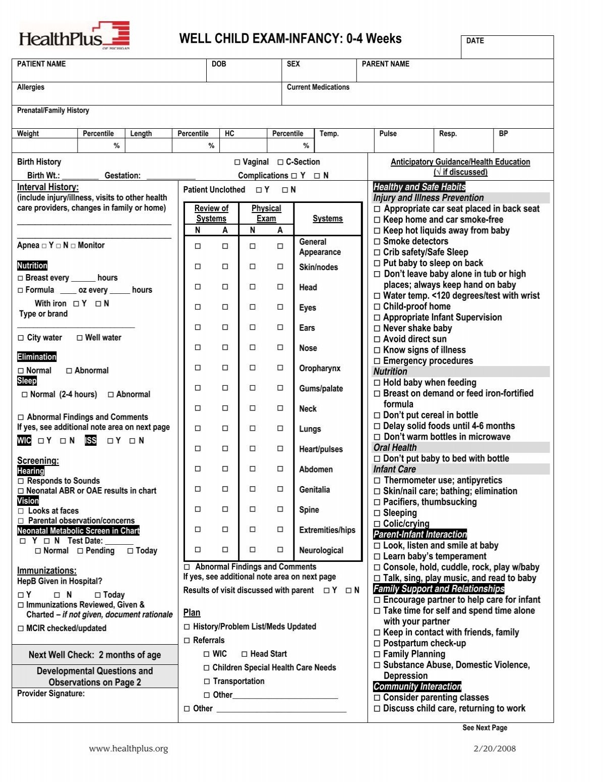 Well Child Exam Infancy 0 4 Weeks pdf HealthPlus Of Michigan Well Child Exam Infancy 0 4 Weeks pdf HealthPlus Of Michigan